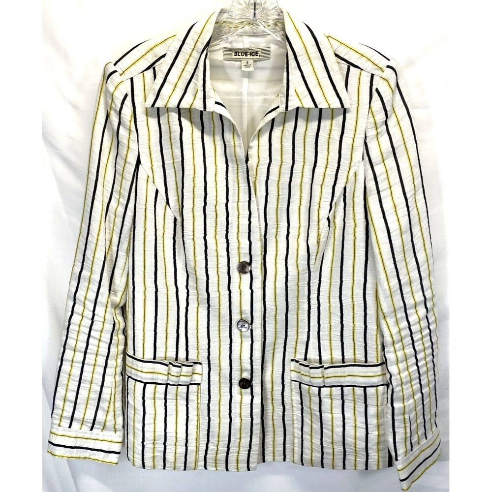Blue Ice Women's Size 8 Blazer White Black Yellow Stripe Crinkled Linen Button